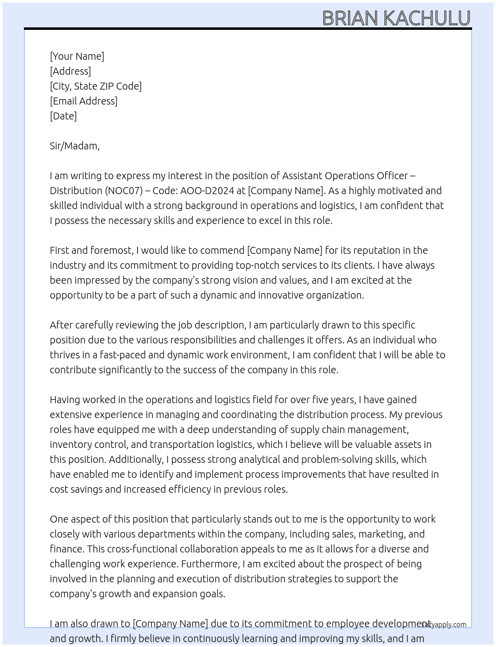 ASSISTANT OPERATIONS OFFICER – DISTRIBUTION (NOC07) – CODE: AOO-D2024 At NOCMA Cover Letter