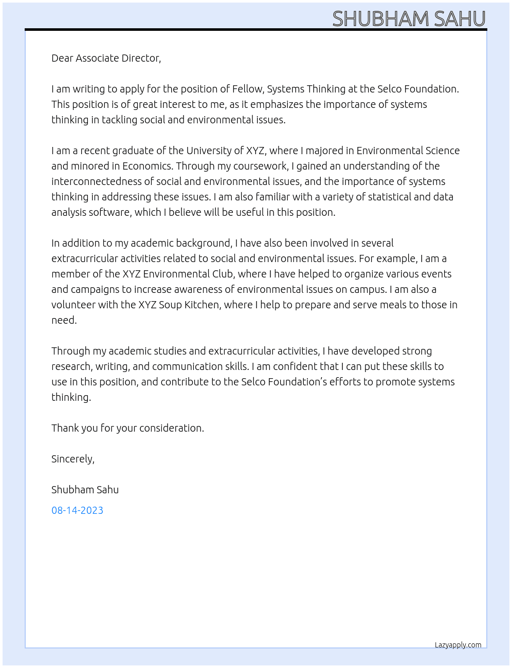 Fellow, Systems Thinking At selco foundation Cover Letter