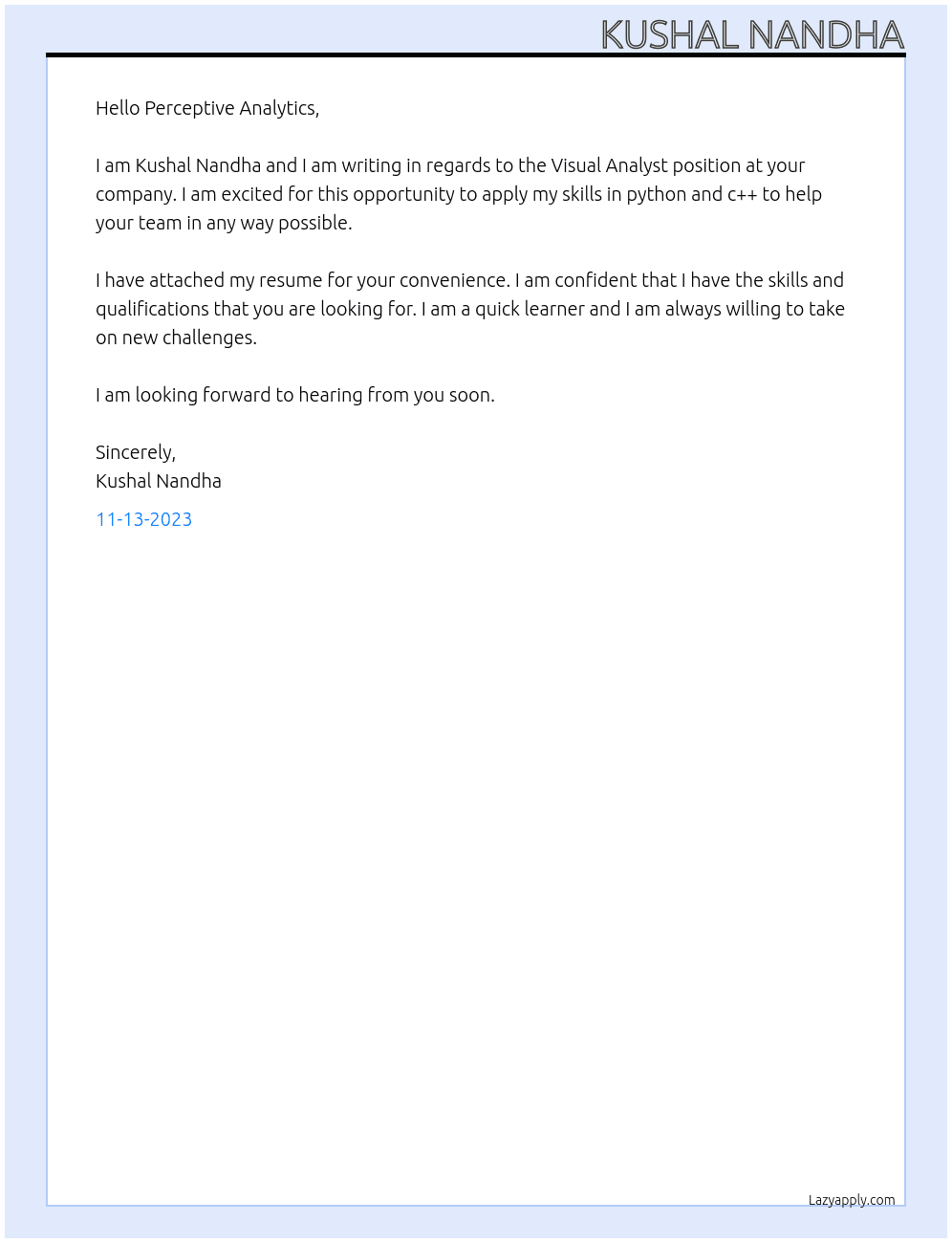 Visual Analyst At Perceptive analytics Cover Letter