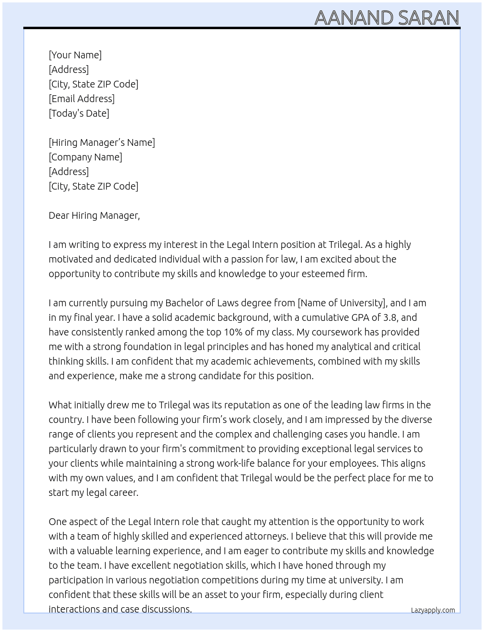 legal Intern At Trilegal Cover Letter