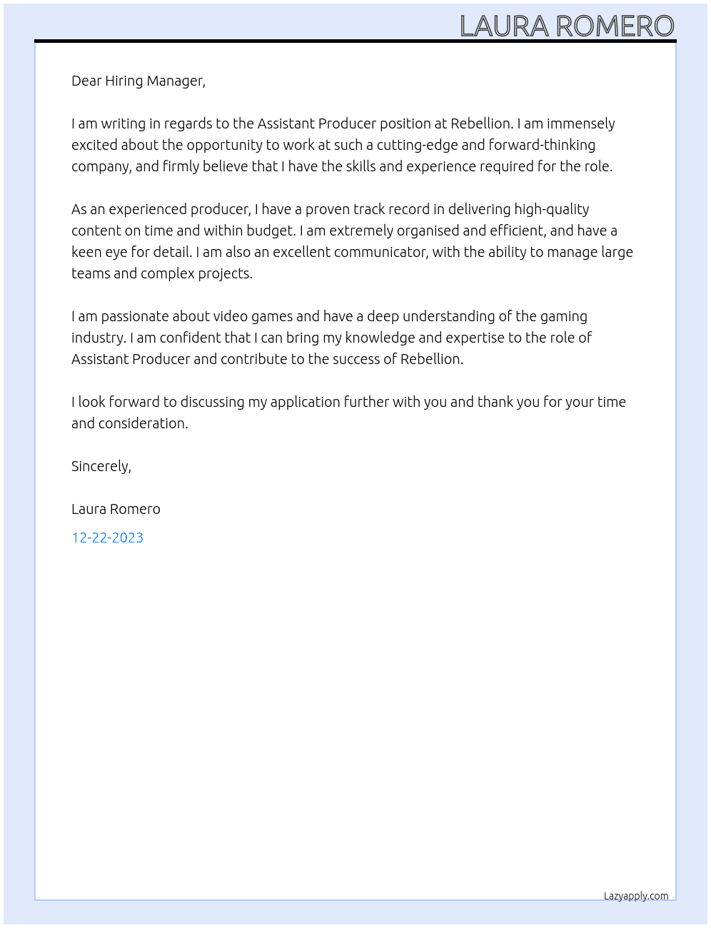 Assistant Producer At Rebellion Cover Letter