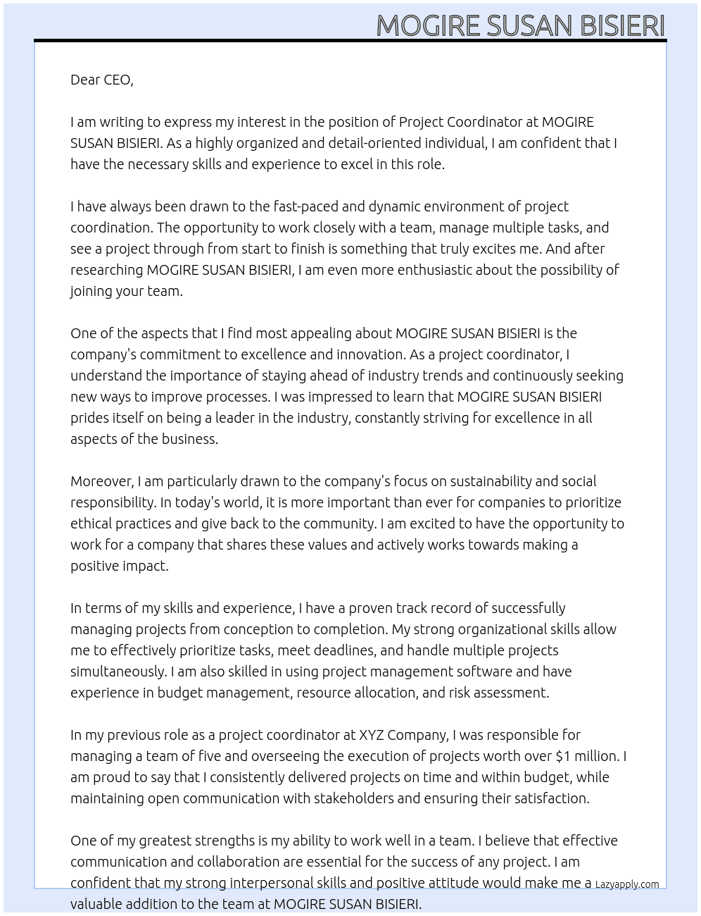 project coordinator At MOGIRE SUSAN BISIERI Cover Letter