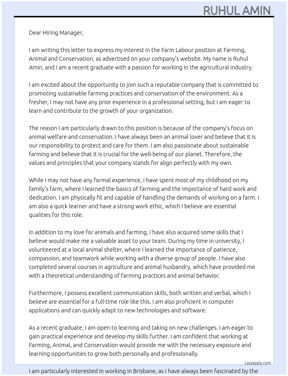  Farm Labour At Farming, animal and conservation  Cover Letter