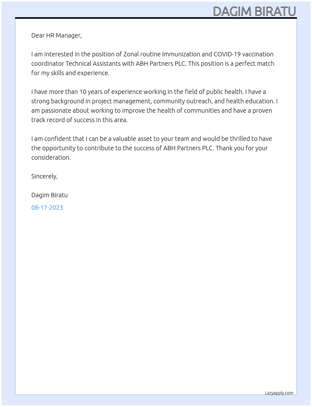 Zonal routine Immunization and COVID-19 vaccination coordinator Technical Assistants At ABH Partners PLC Cover Letter