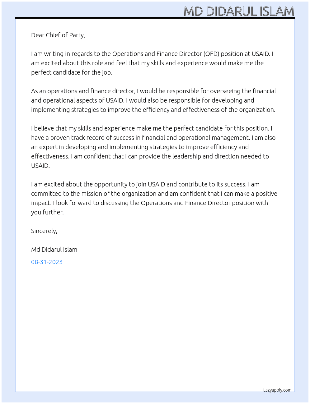 Operations and Finance Director (OFD) At USAID Cover Letter