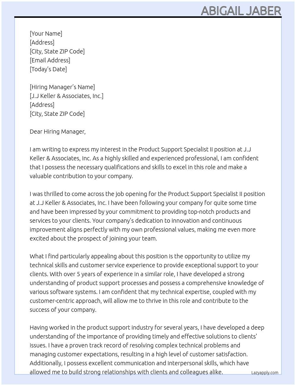 Product Support Specialist II At J.J Keller & Associates, Inc. Cover Letter