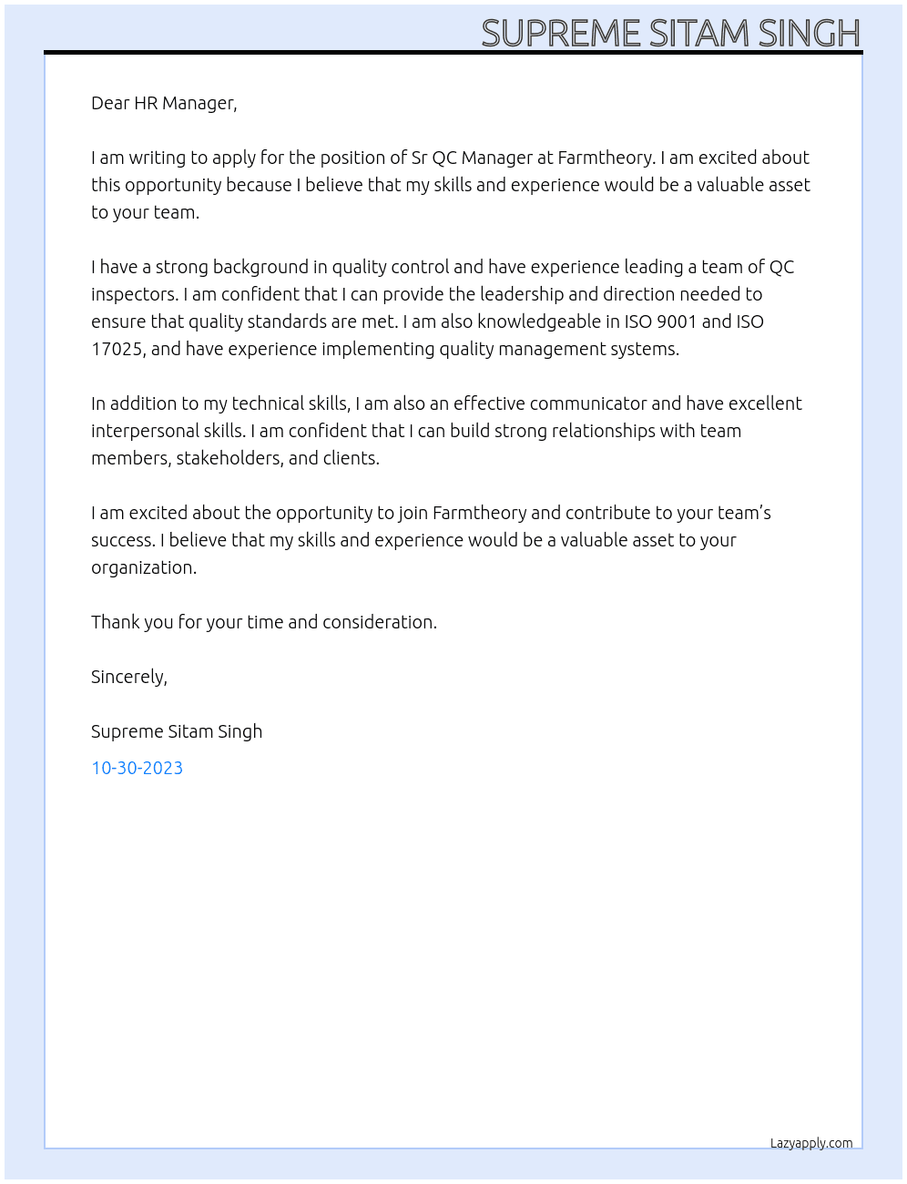 Sr QC Manager At Farmtheory  Cover Letter