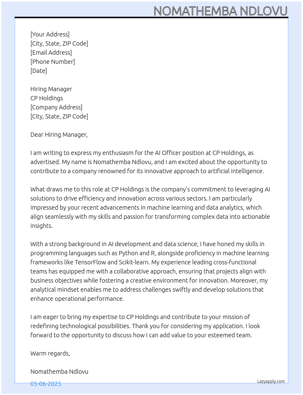 Cover letter for ai officer - LazyApply