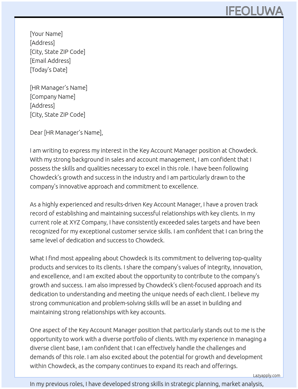 Key Account Manager At Chowdeck Cover Letter