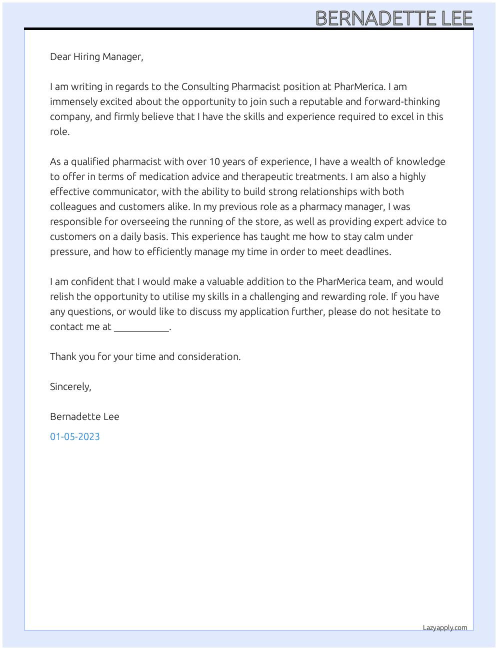 Consulting Pharmacist At PharMerica Cover Letter