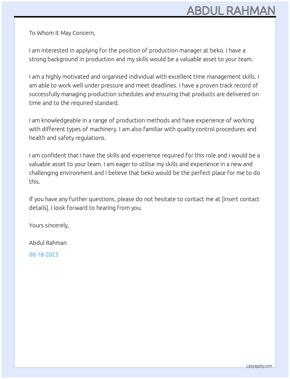 production manager At beko Cover Letter