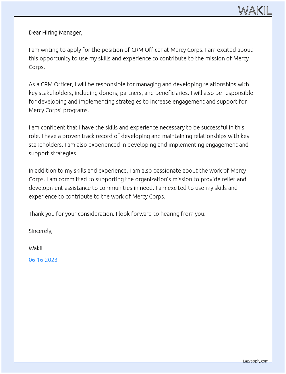 CRM OOficer At Mercy corps Cover Letter
