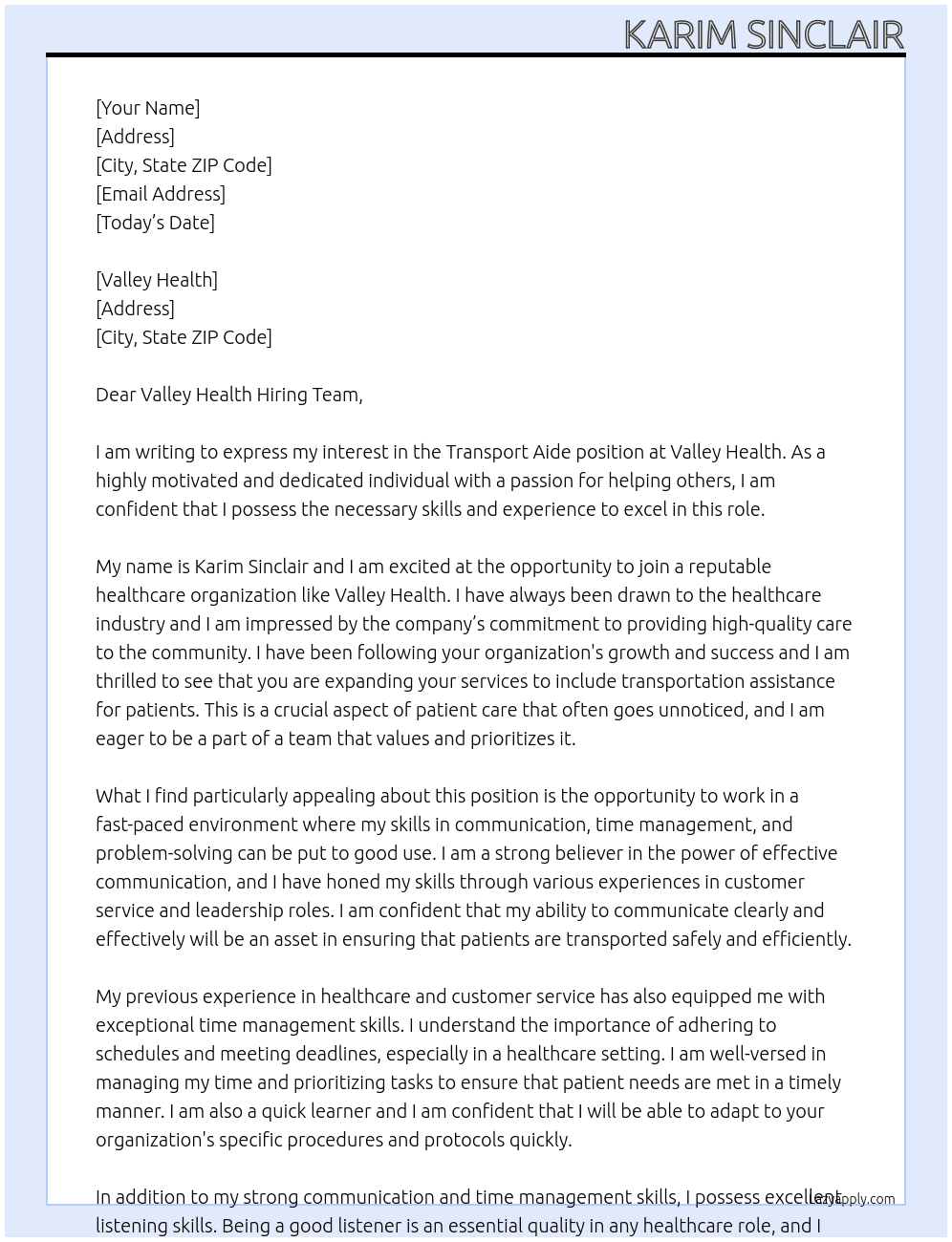 transport aide At Valley Health Cover Letter