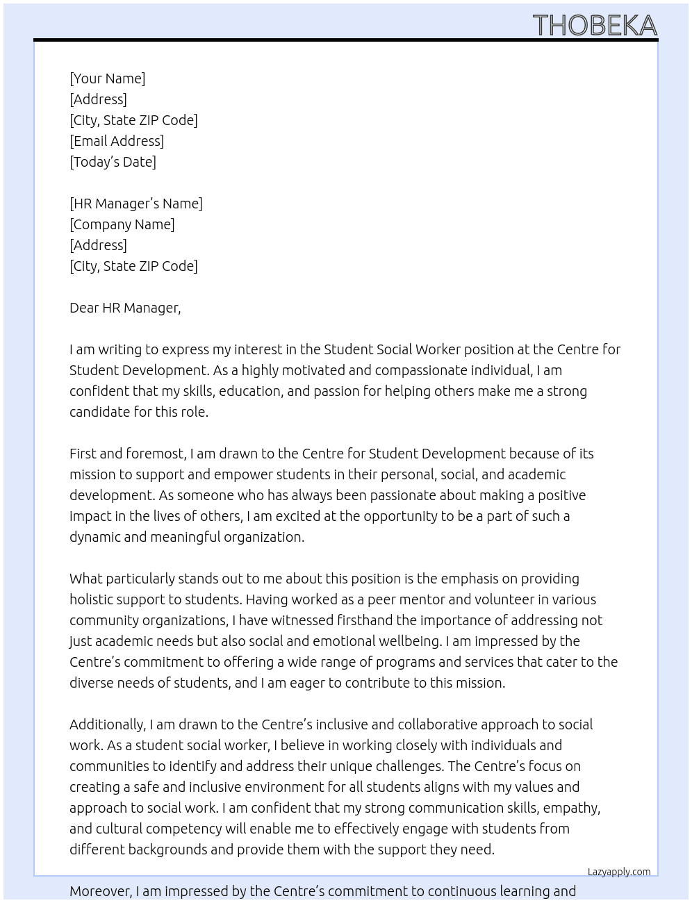Student social worker  At Centre for Student Development Cover Letter