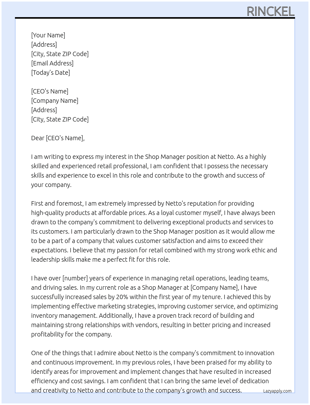 shop manager At netto Cover Letter