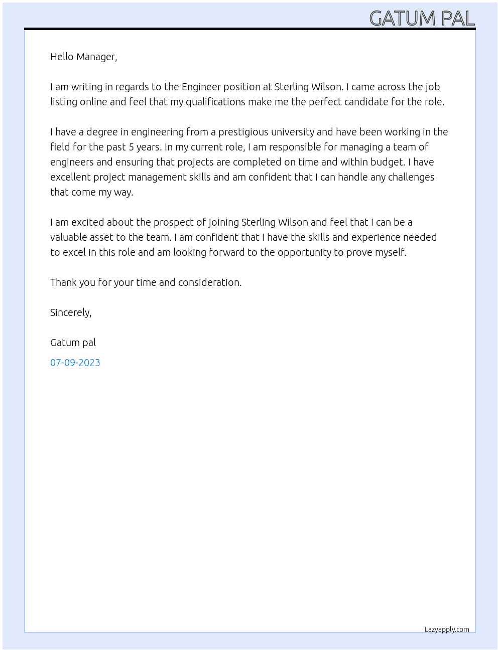 Engineer At Sterling wilson Cover Letter