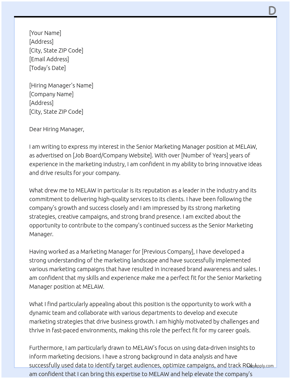 Senior Marketing Manager At MELAW Cover Letter