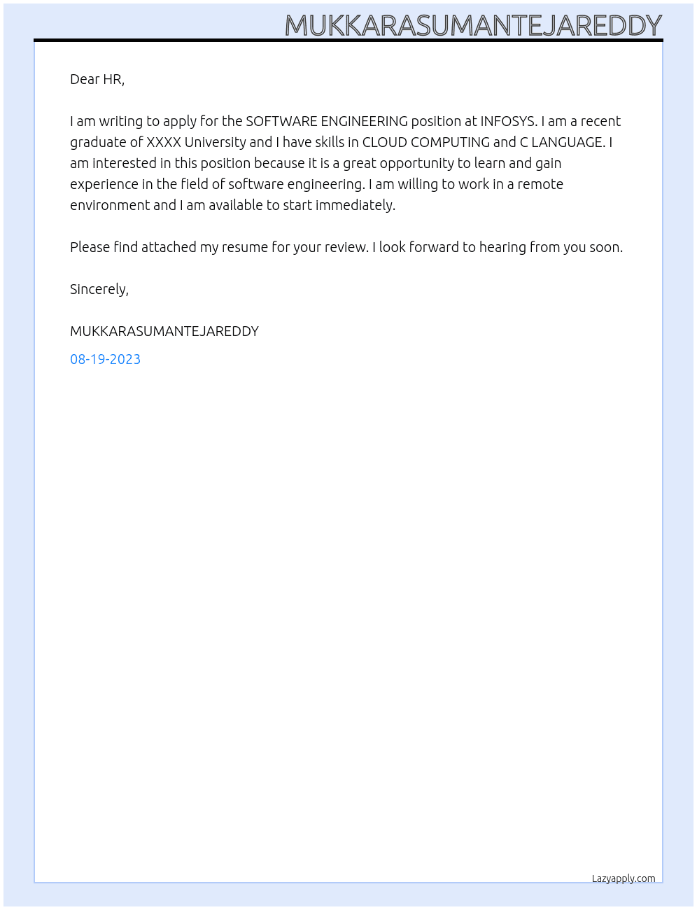 SOFTWARE ENGINEERING At INFOSYS Cover Letter