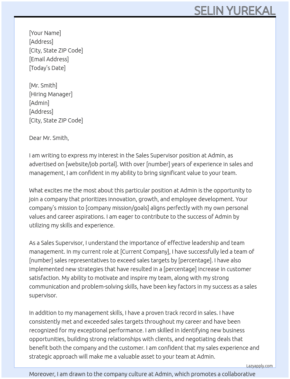 Sales supervisor  At admin Cover Letter