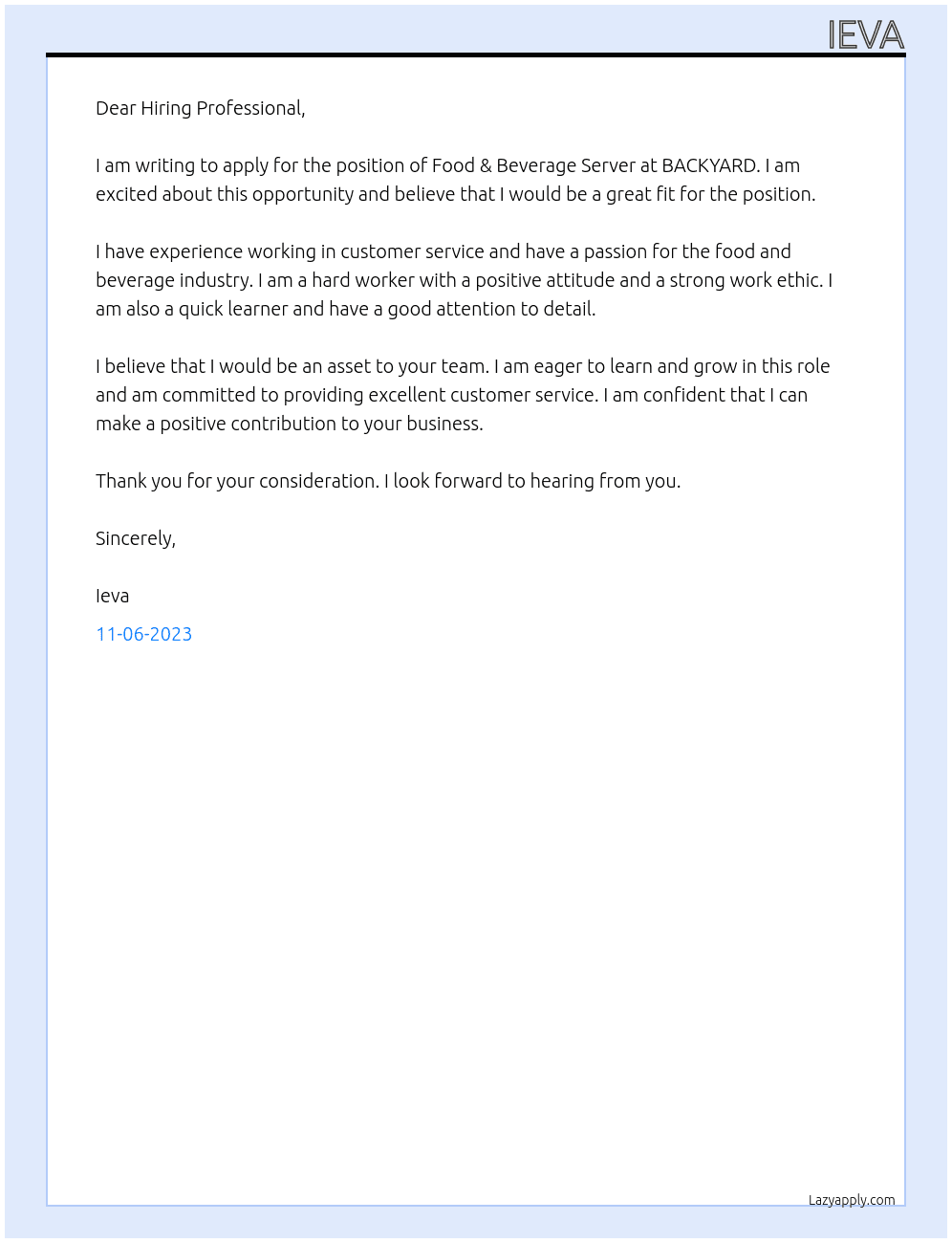 Food & Beverage server At BACKYARD Cover Letter