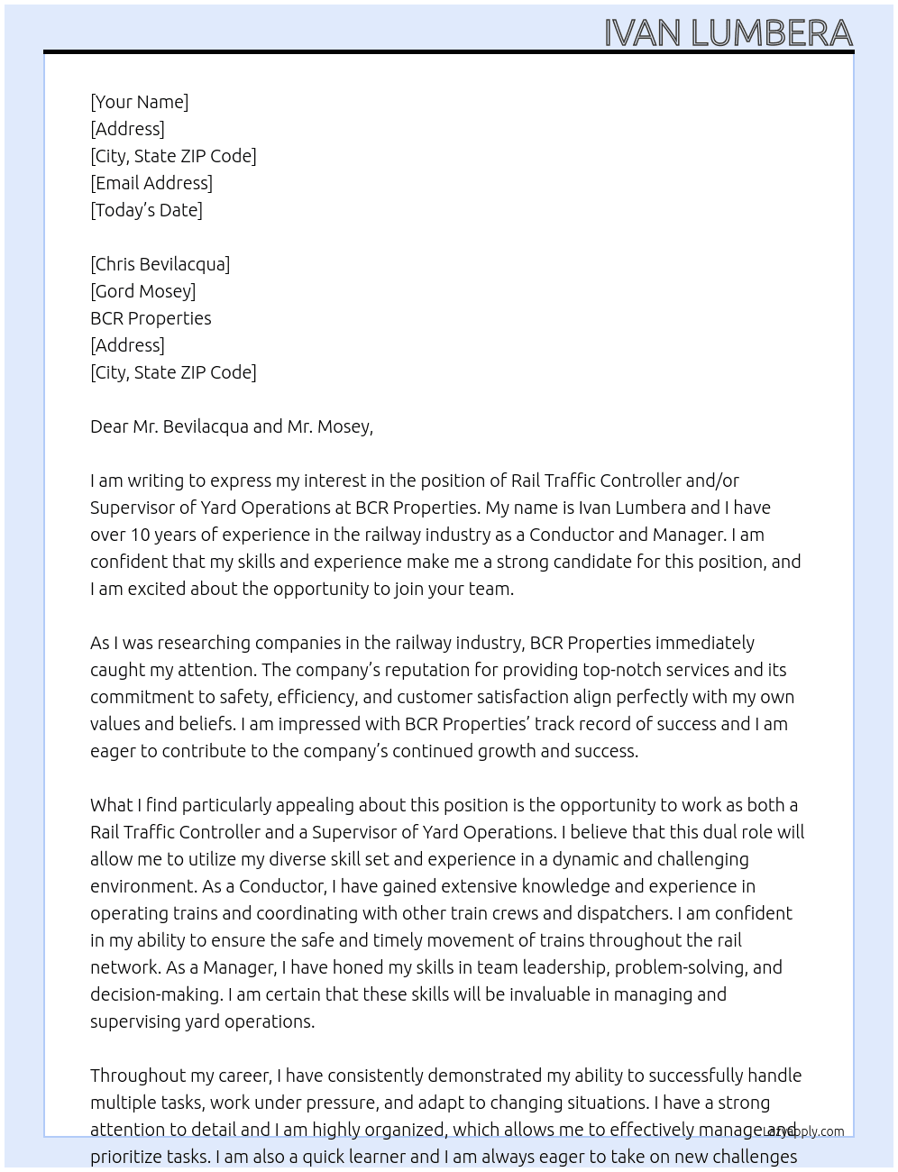 Rail Traffic Controller and/or Supervisor of Yard Operations At BCR Properties Cover Letter