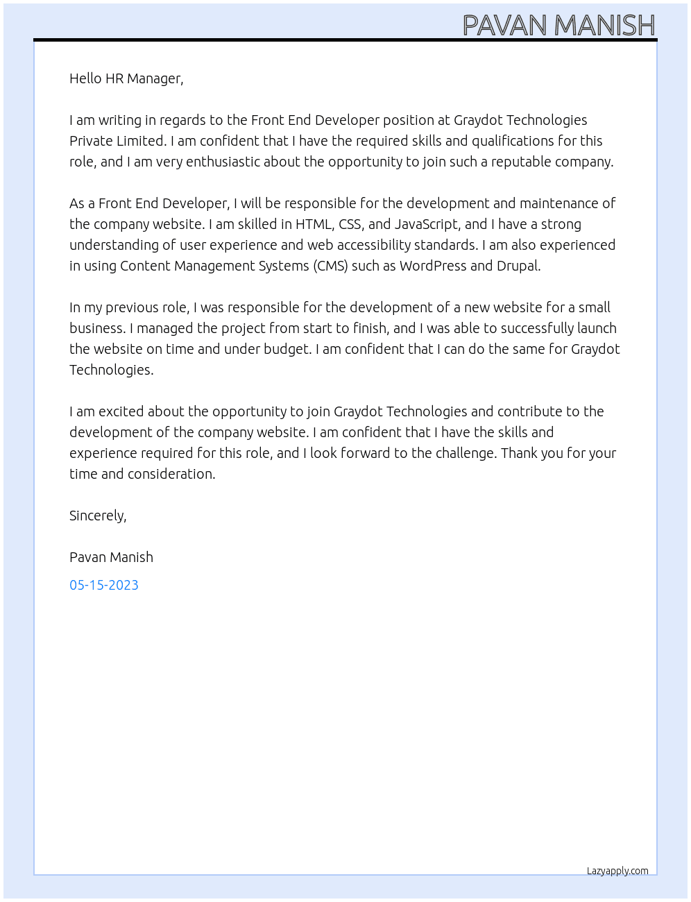 Front End Developer At Graydot Technologies Private Limited Cover Letter