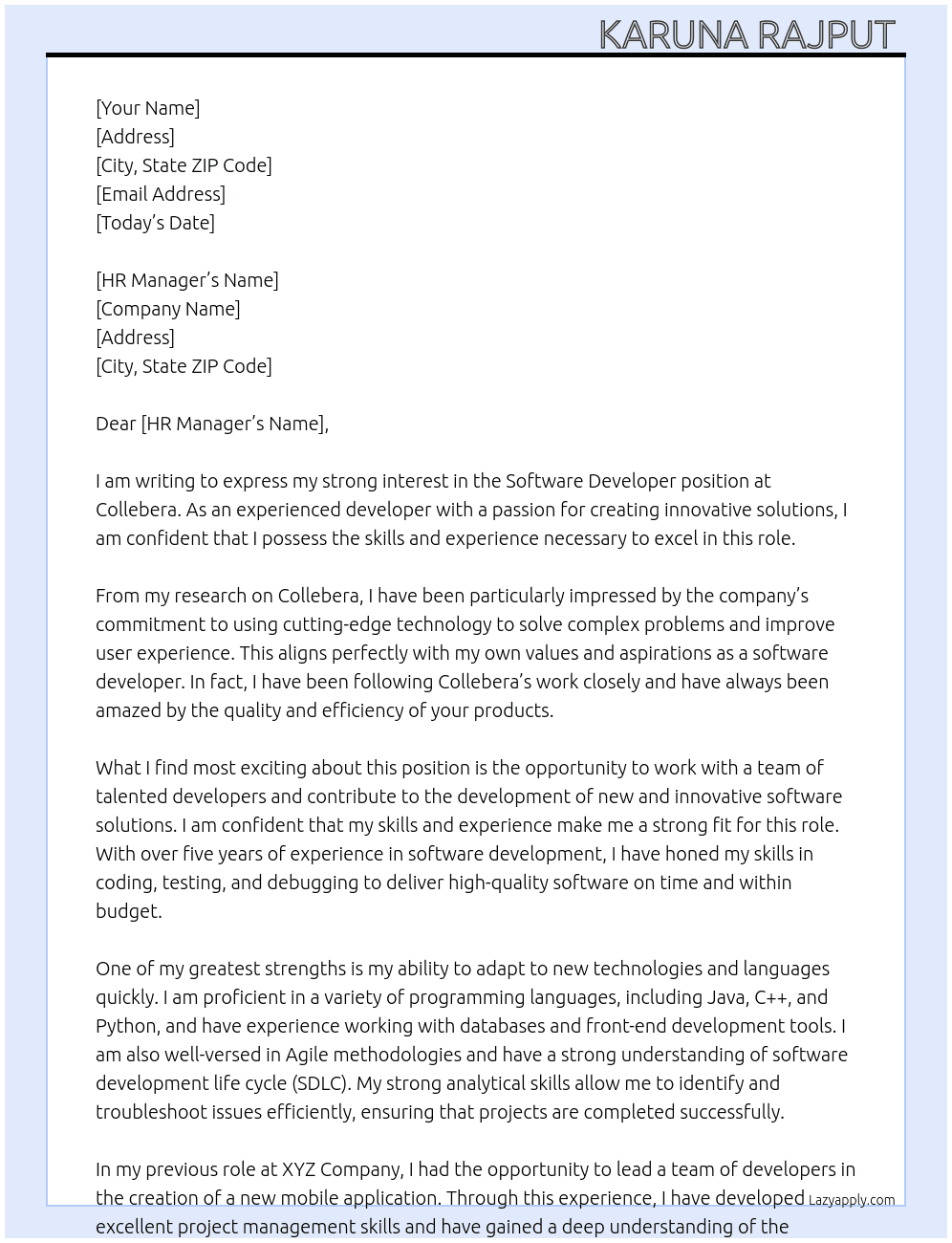 Software developer  At Collebera Cover Letter