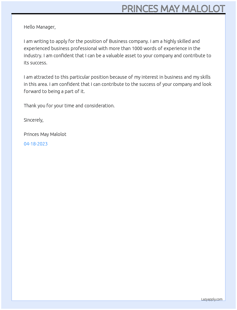 Working company At Business company Cover Letter
