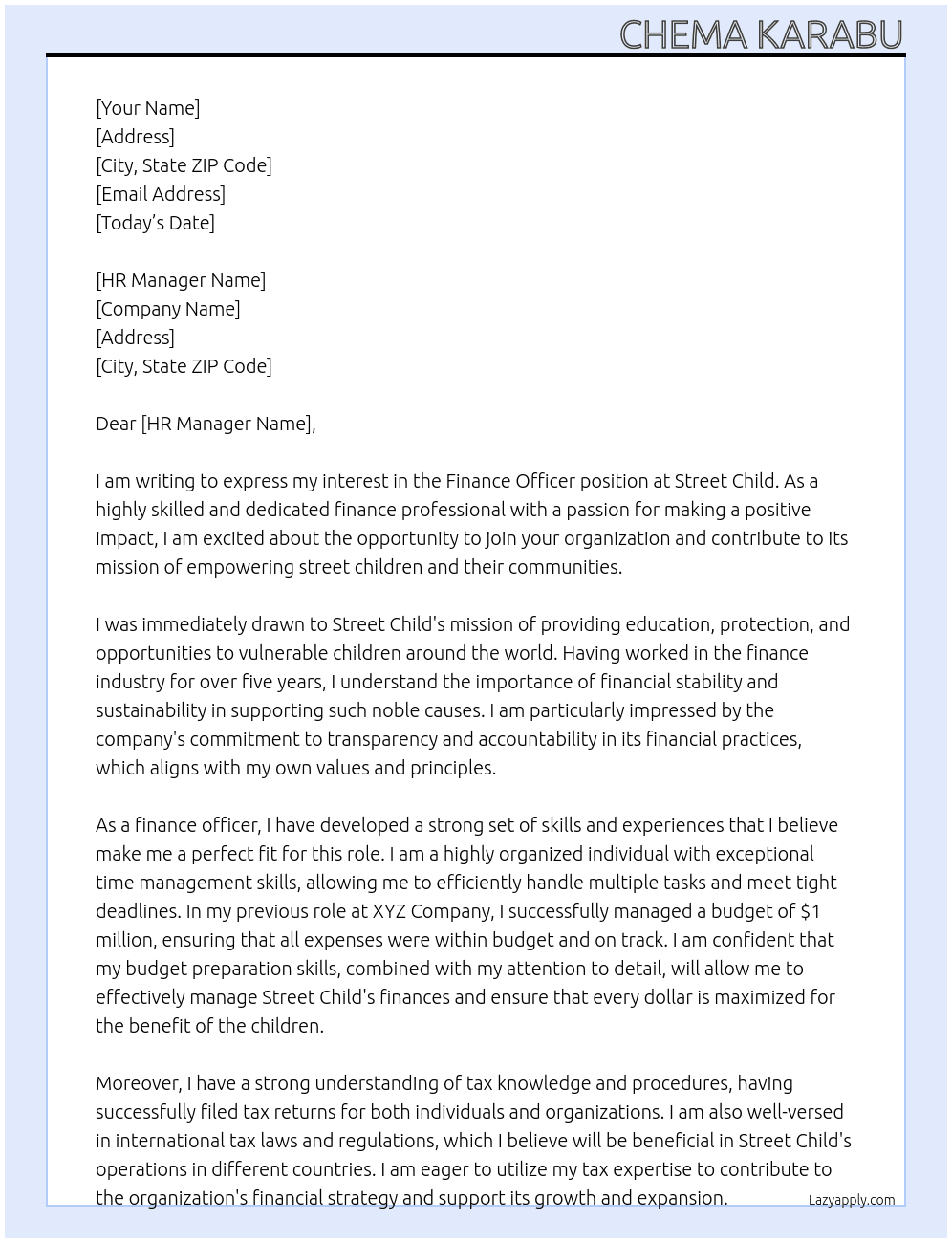 Finance officer At Street child Cover Letter