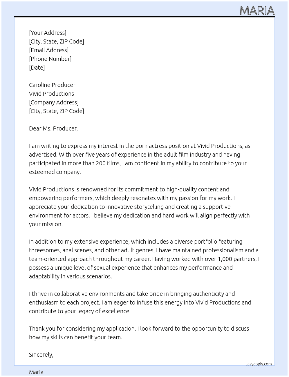 porn actress At Vivid Productions Cover Letter