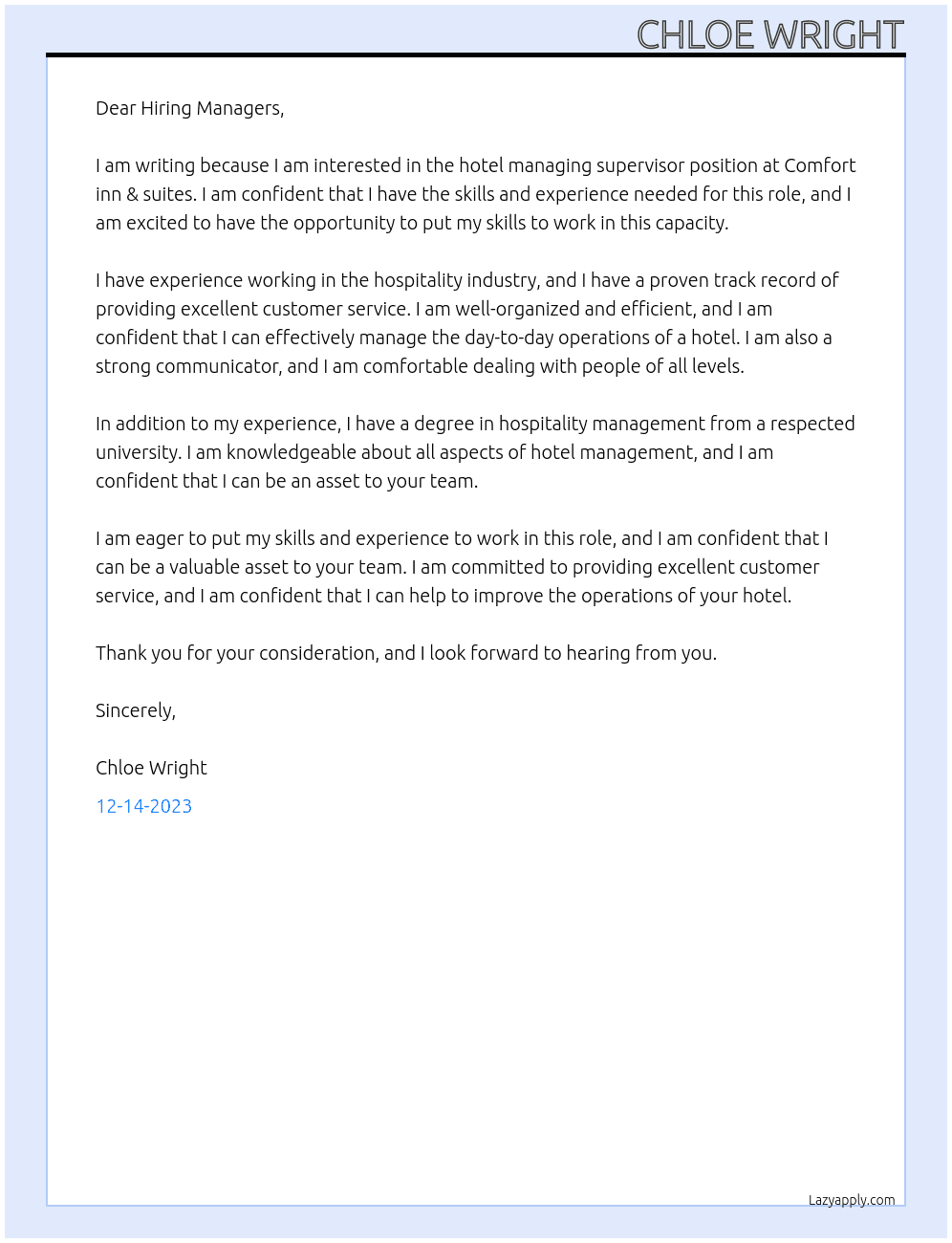 Hotel managing supervisor At Comfort inn & suites  Cover Letter