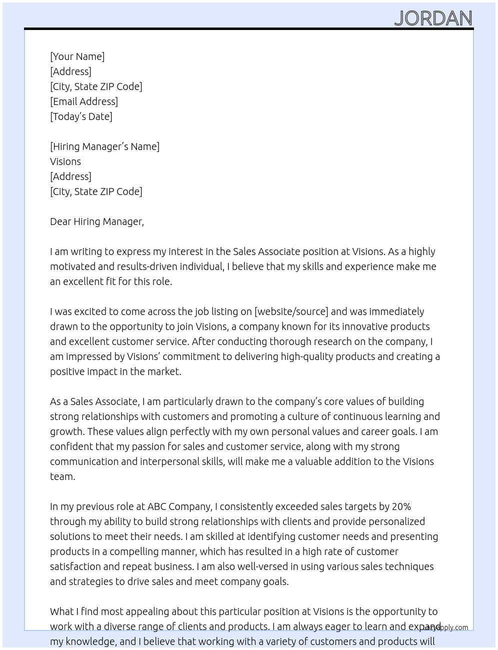 Sales Associates At Visions Cover Letter
