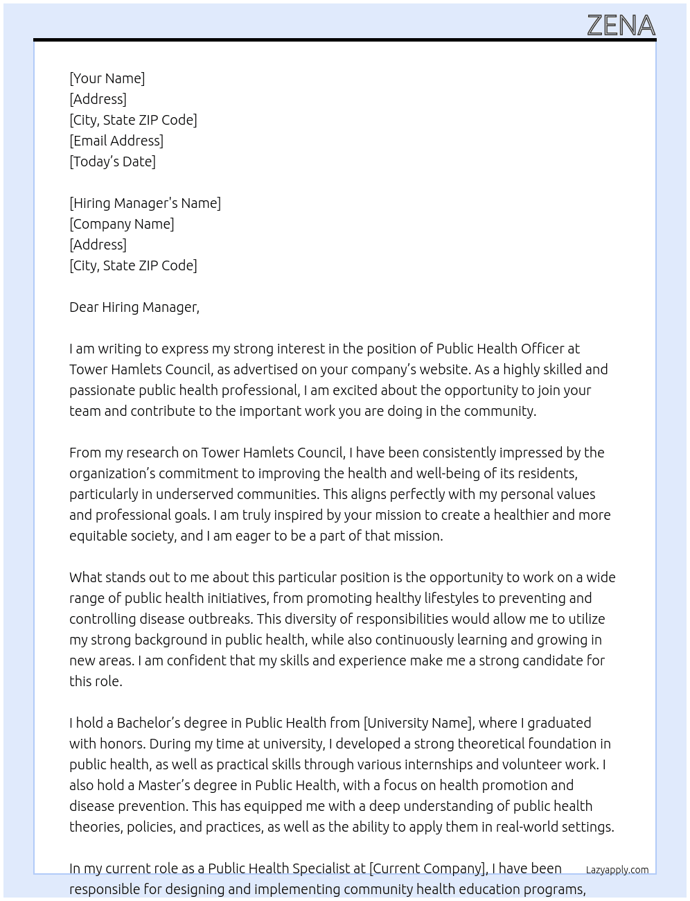 Public Health Officer At Tower Hamlets Council Cover Letter