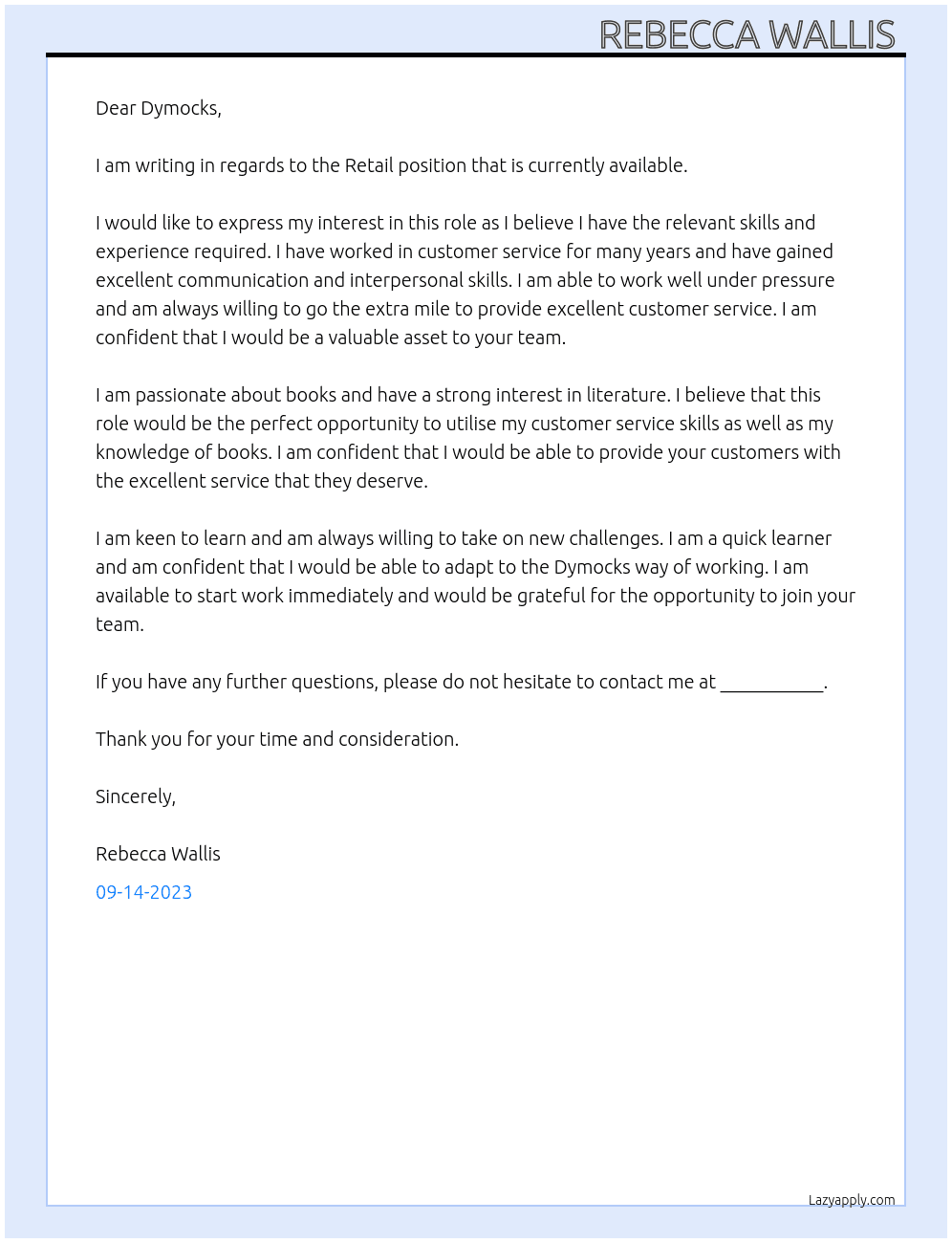 Retail  At Dymocks Cover Letter