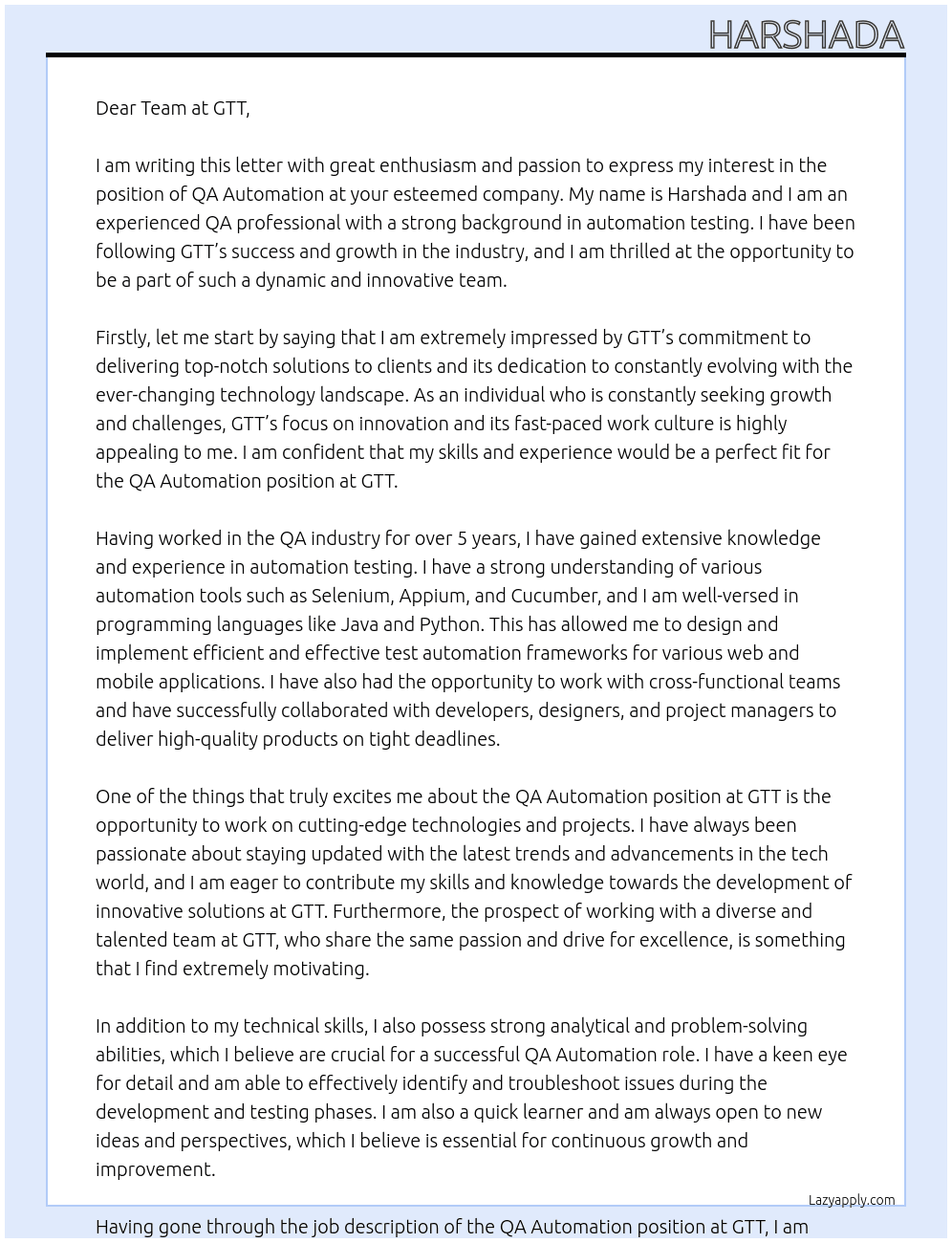 QA Automation At GTT Cover Letter