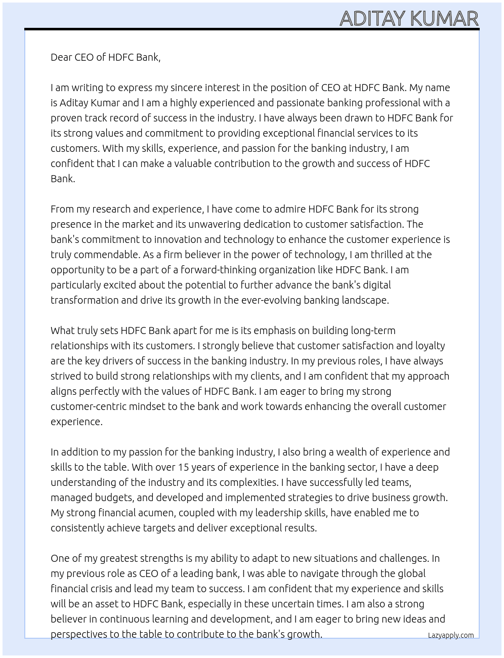 Hdfc Bank At HDFC BANK Cover Letter