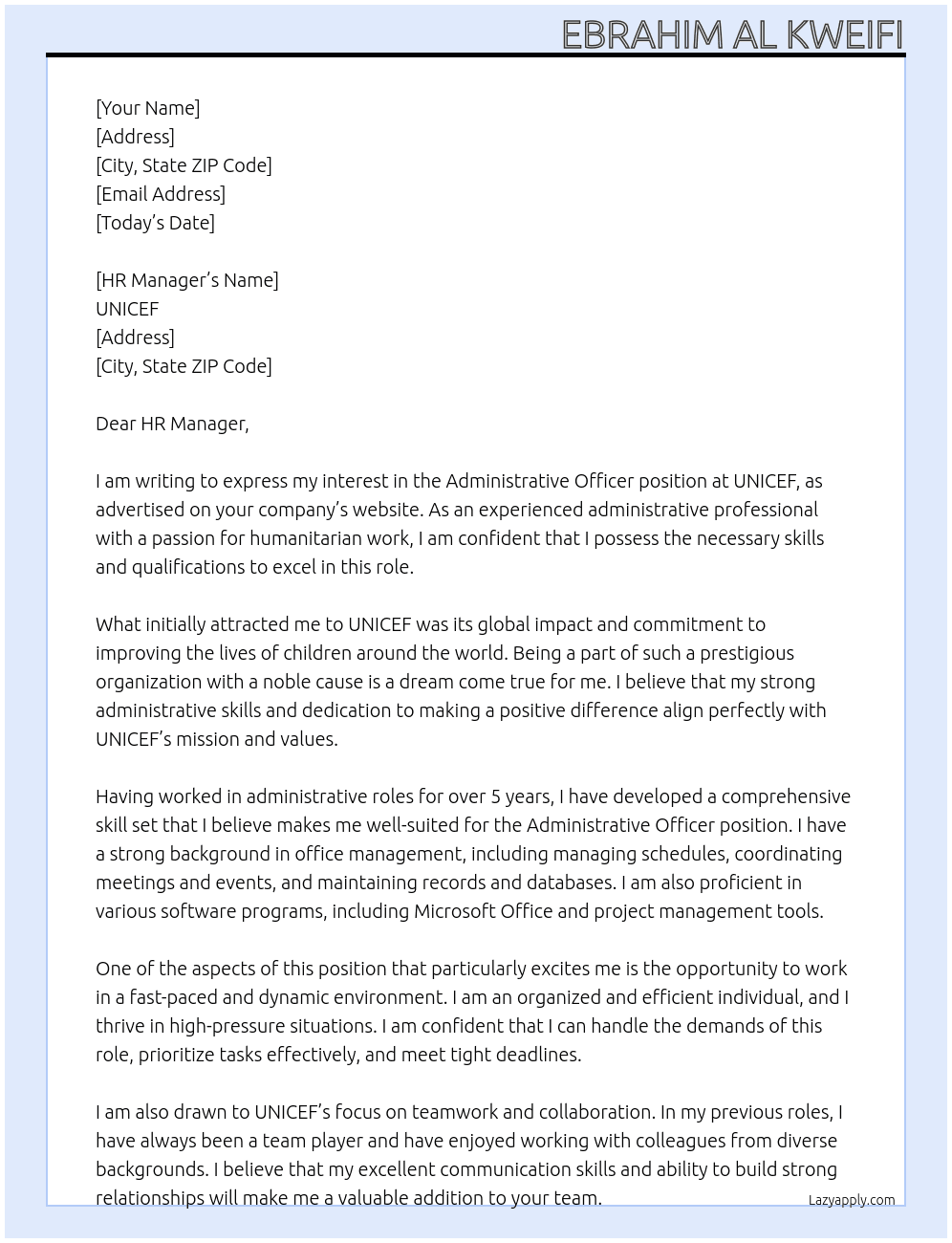 Administrative officer At UNICEF Cover Letter