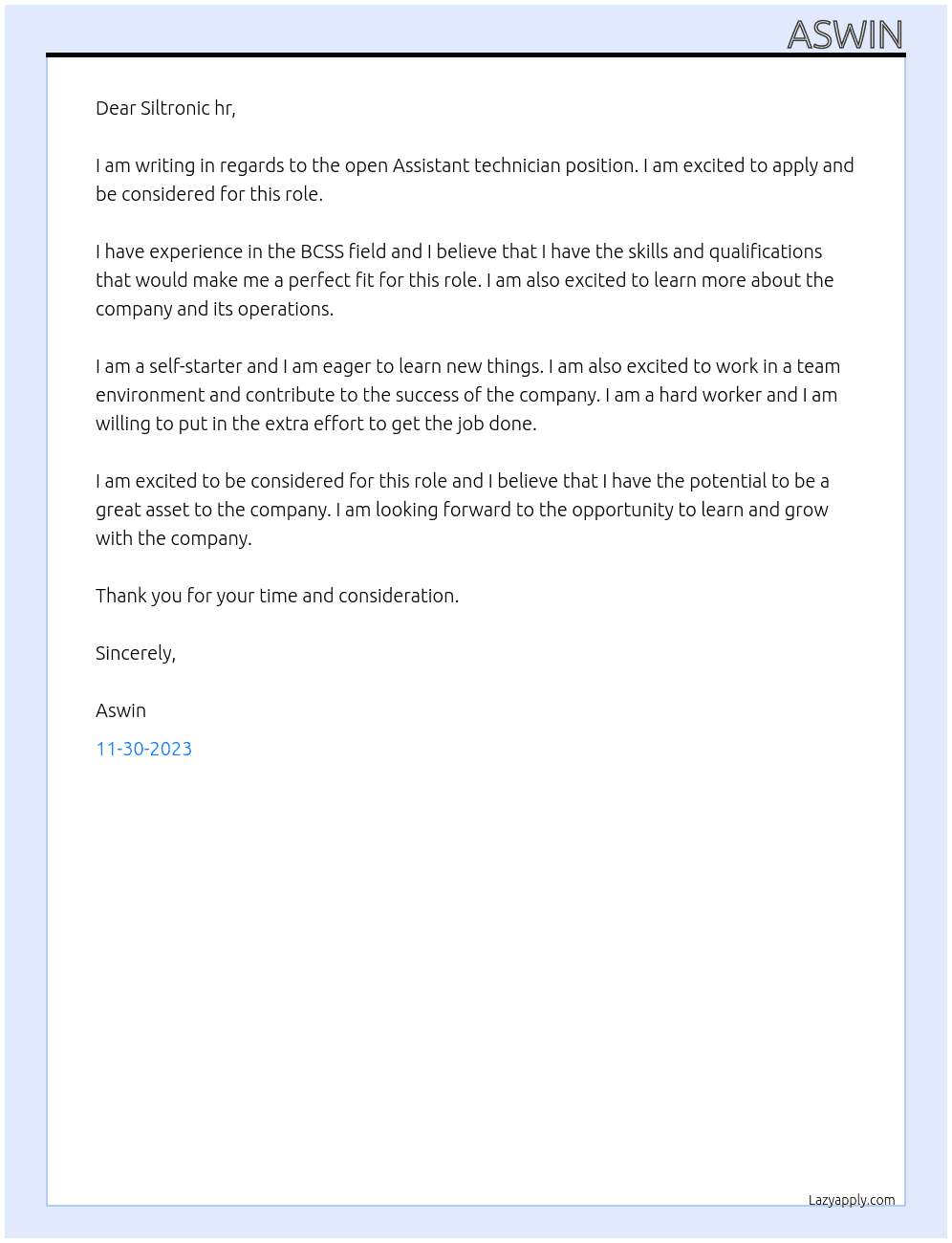 Assistant technician  At Siltronic  Cover Letter