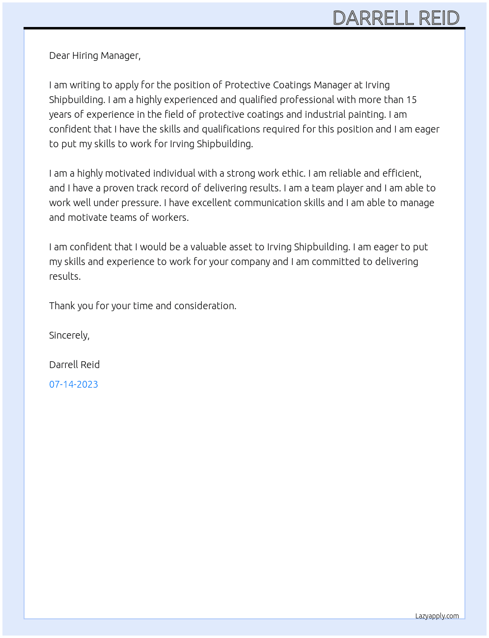 Protective Coatings Manager   At Irving Shipbuilding  Cover Letter