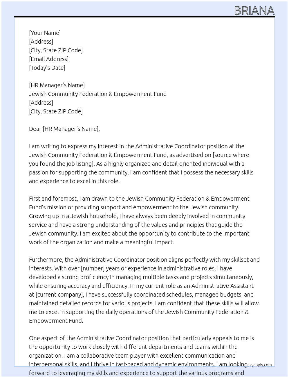Administrative Coordinator At Jewish Community Federation & Empowerment Fund Cover Letter