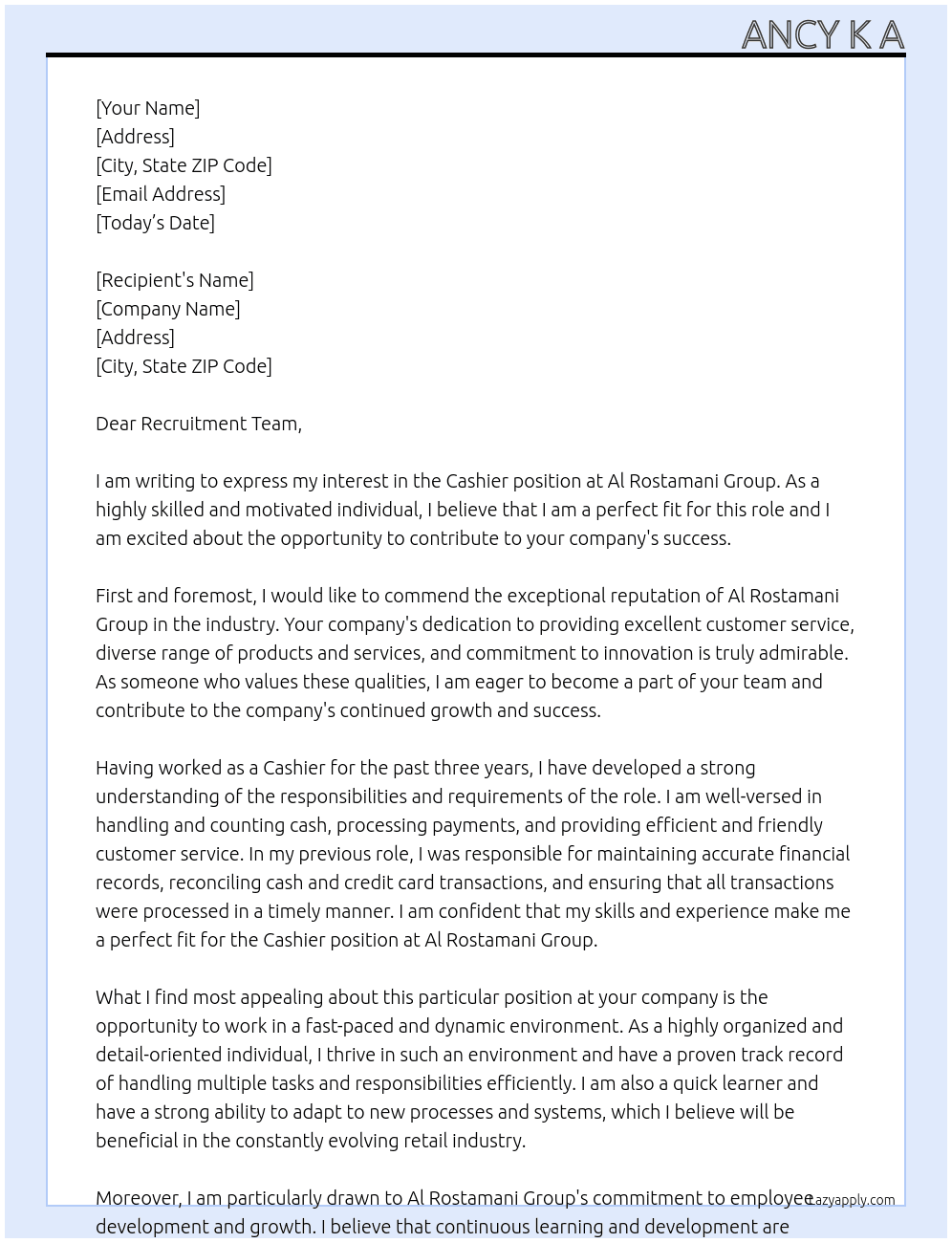 CASHIER At AL ROSTAMANI GROUP Cover Letter