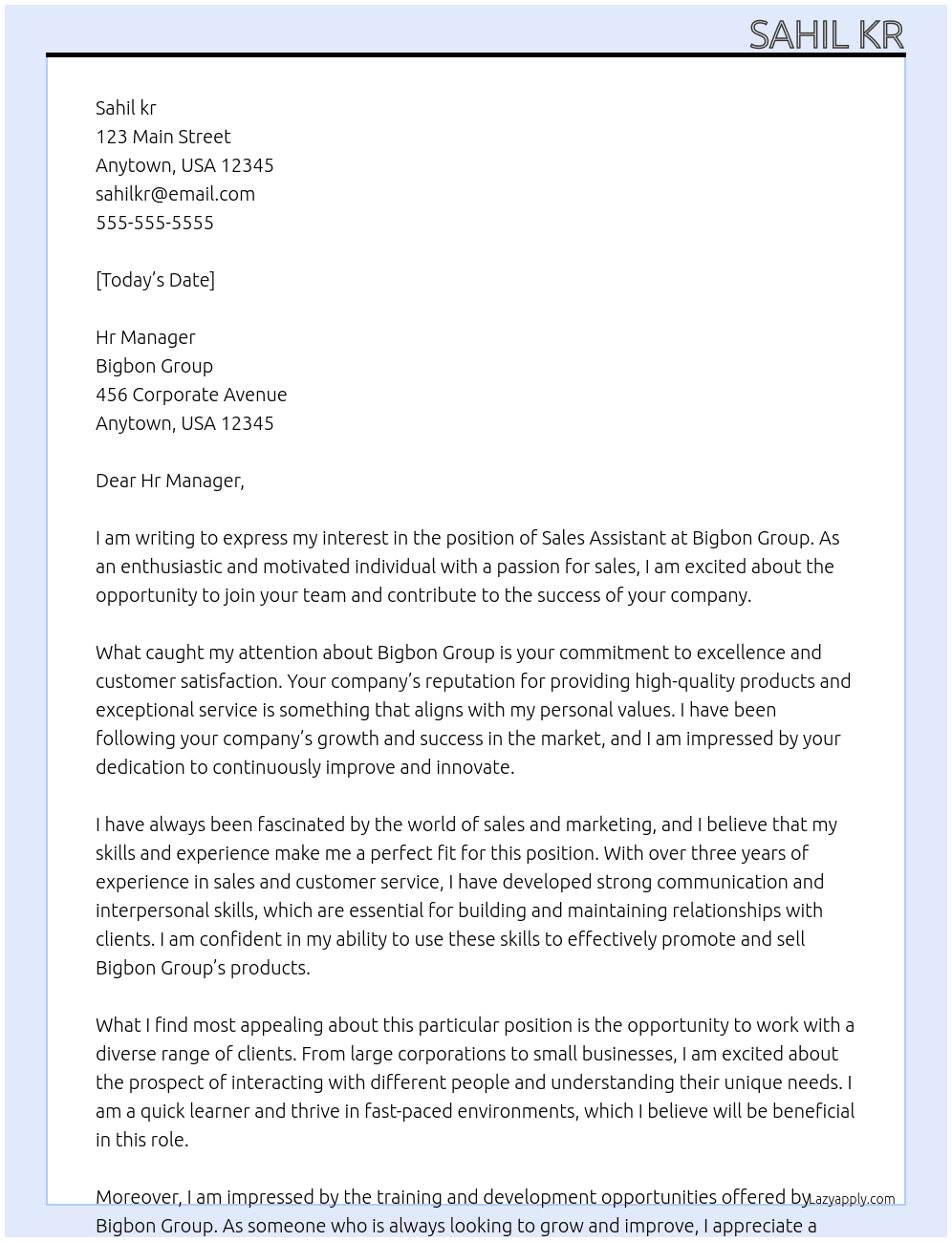 Sales assistant  At Bigbon group Cover Letter