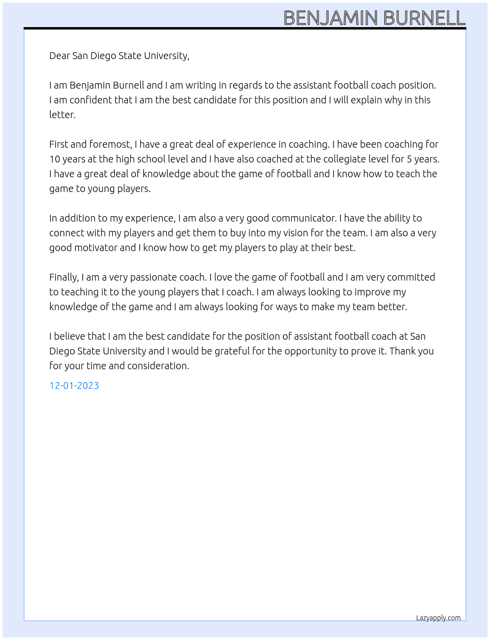 Assistant football coach At San Diego State University Cover Letter