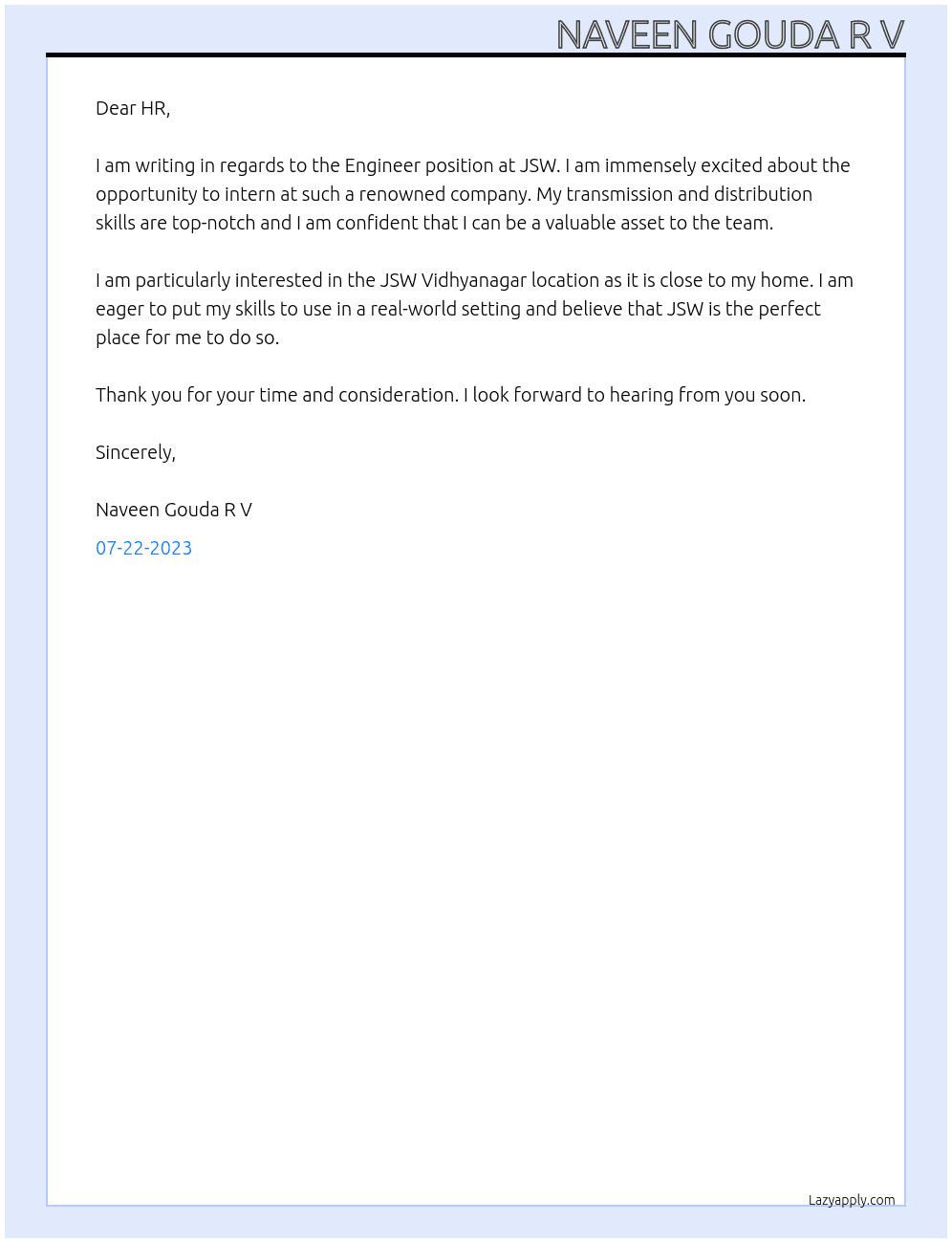 Engineer At JSW  Cover Letter