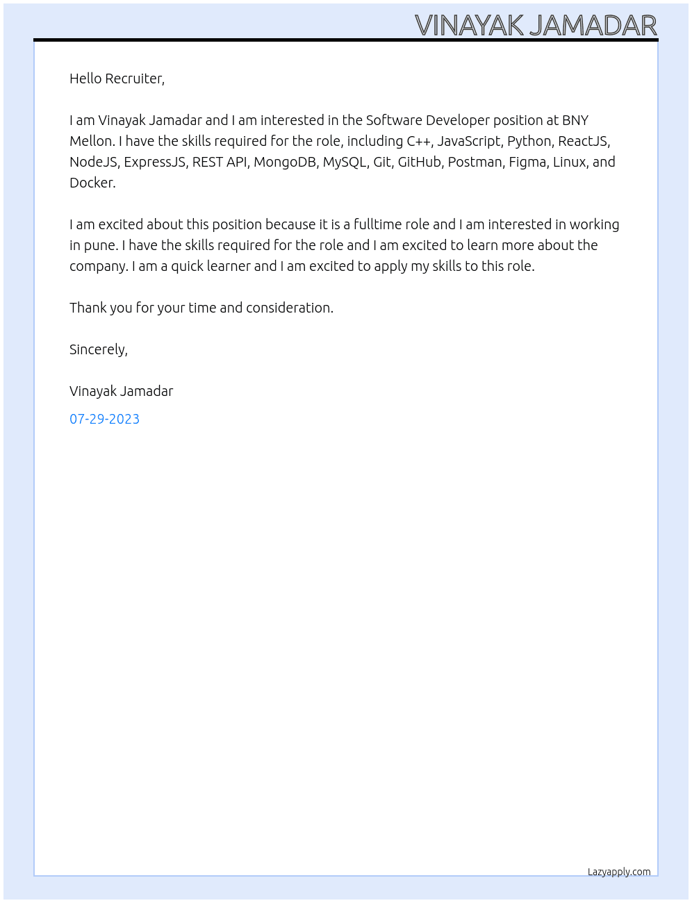 Software Developer At BNY Mellon Cover Letter
