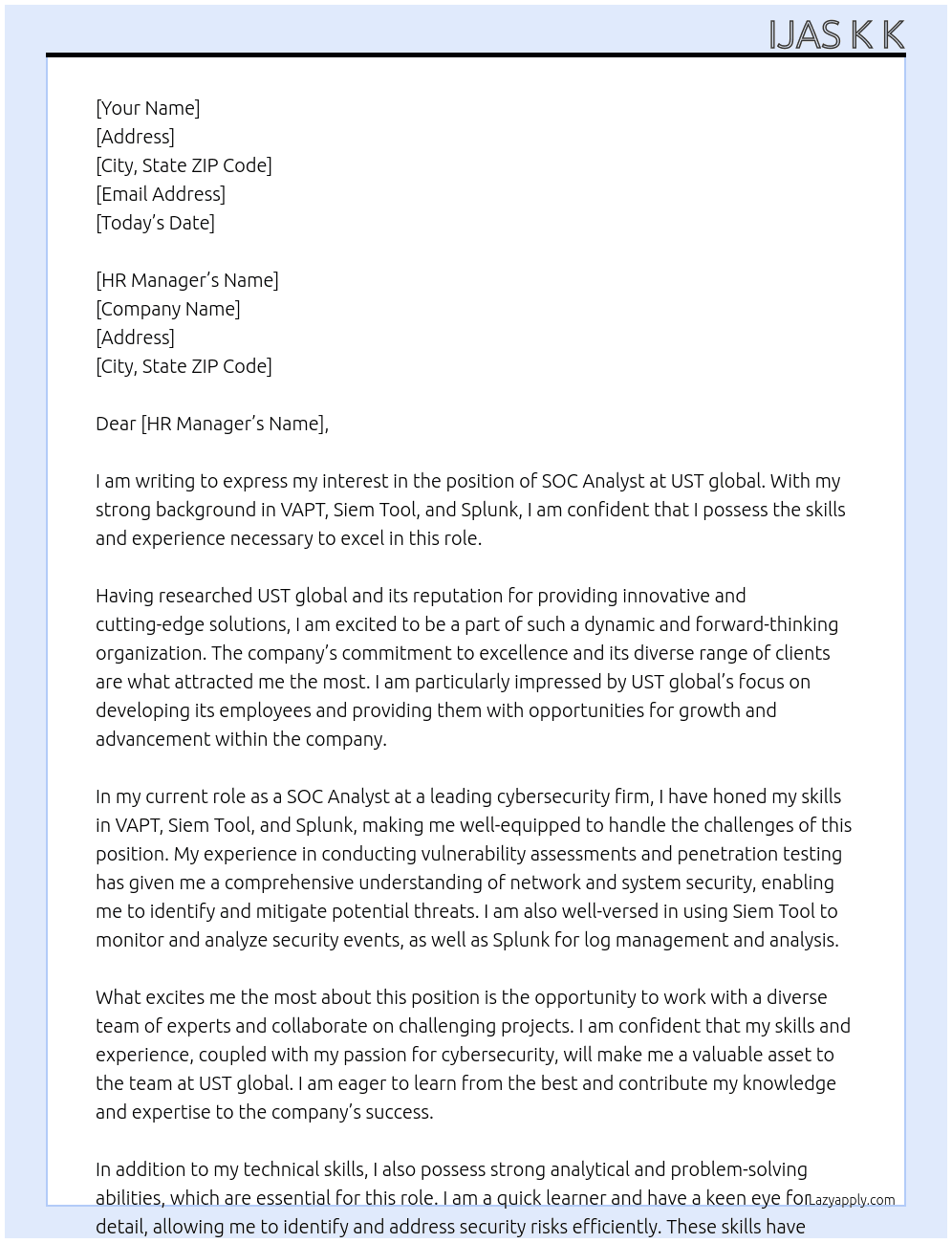 SOC Analyst At UST global Cover Letter