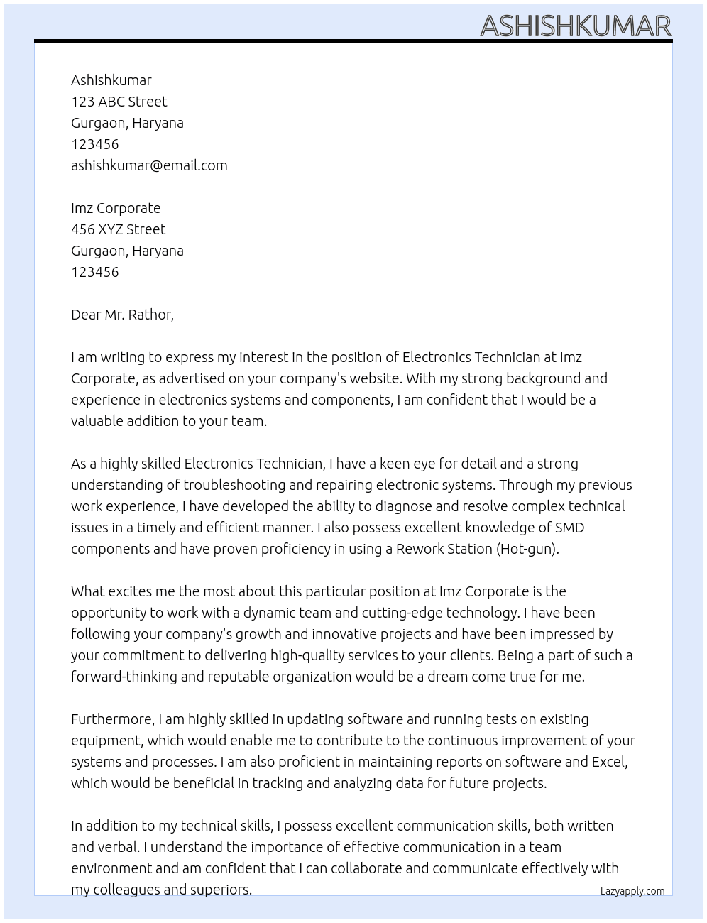 Electronics Technician At Imz corporate  Cover Letter