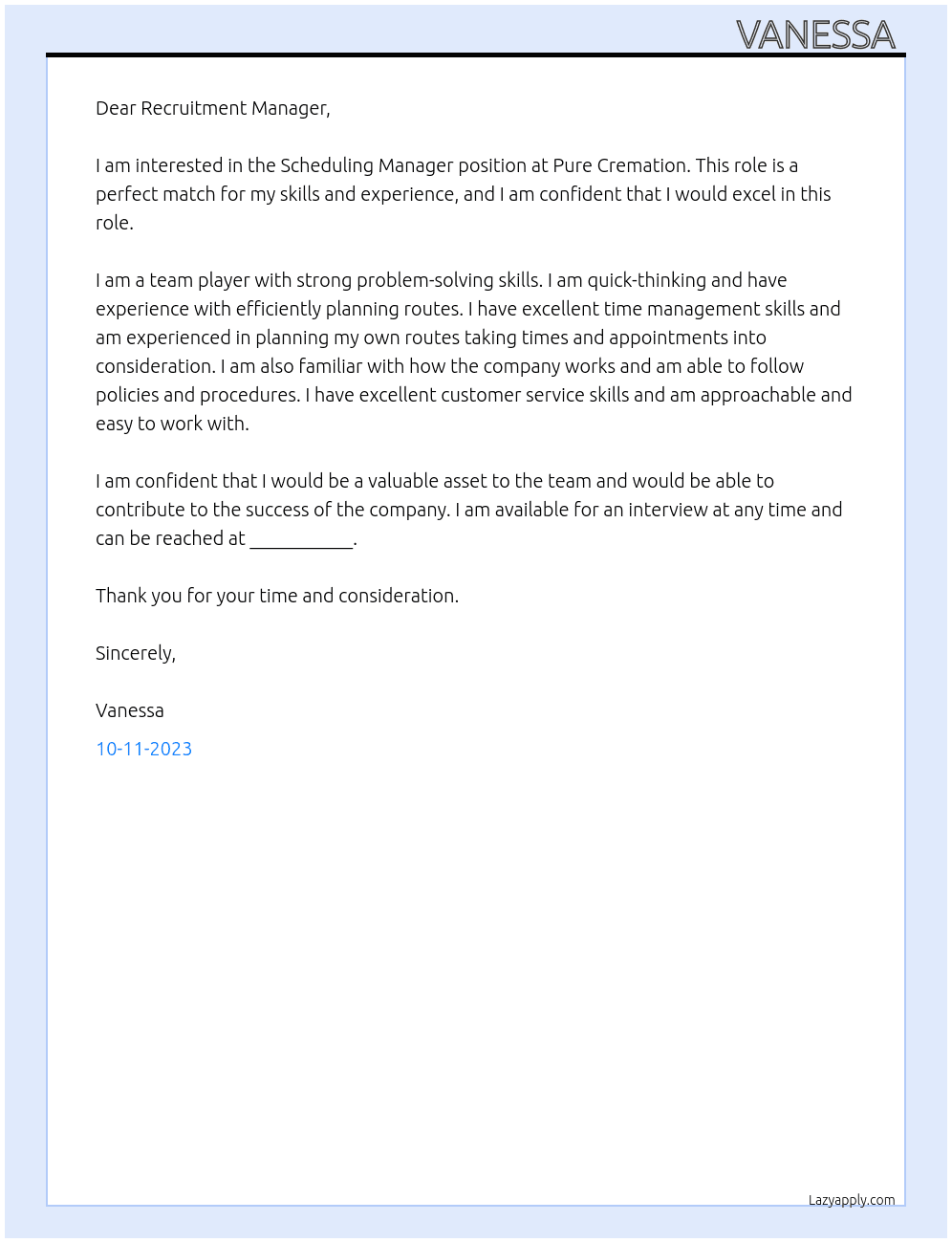 Scheduling Manager  At Pure Cremation  Cover Letter