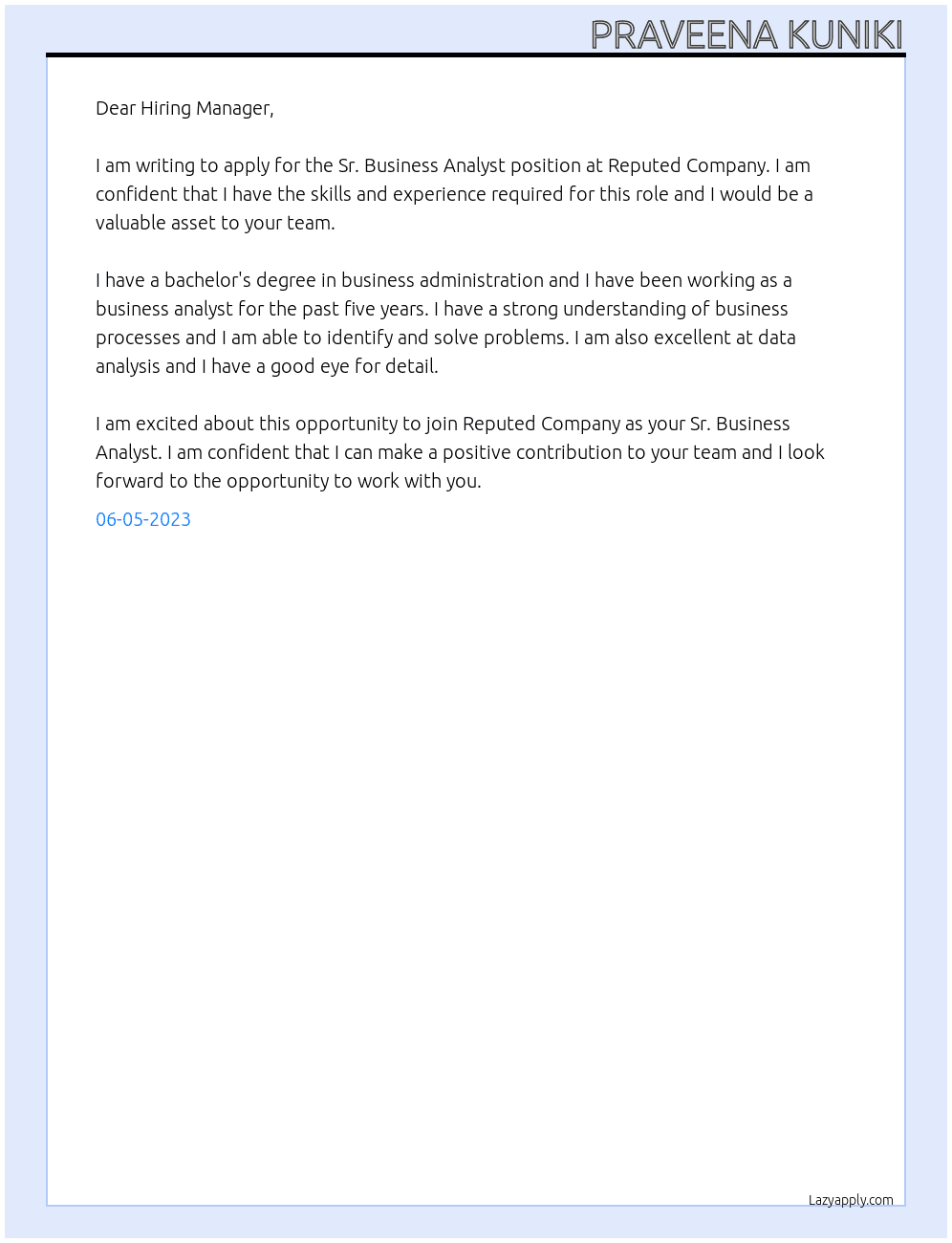 Sr. Business Analyst At Reputed Company as your Cover Letter
