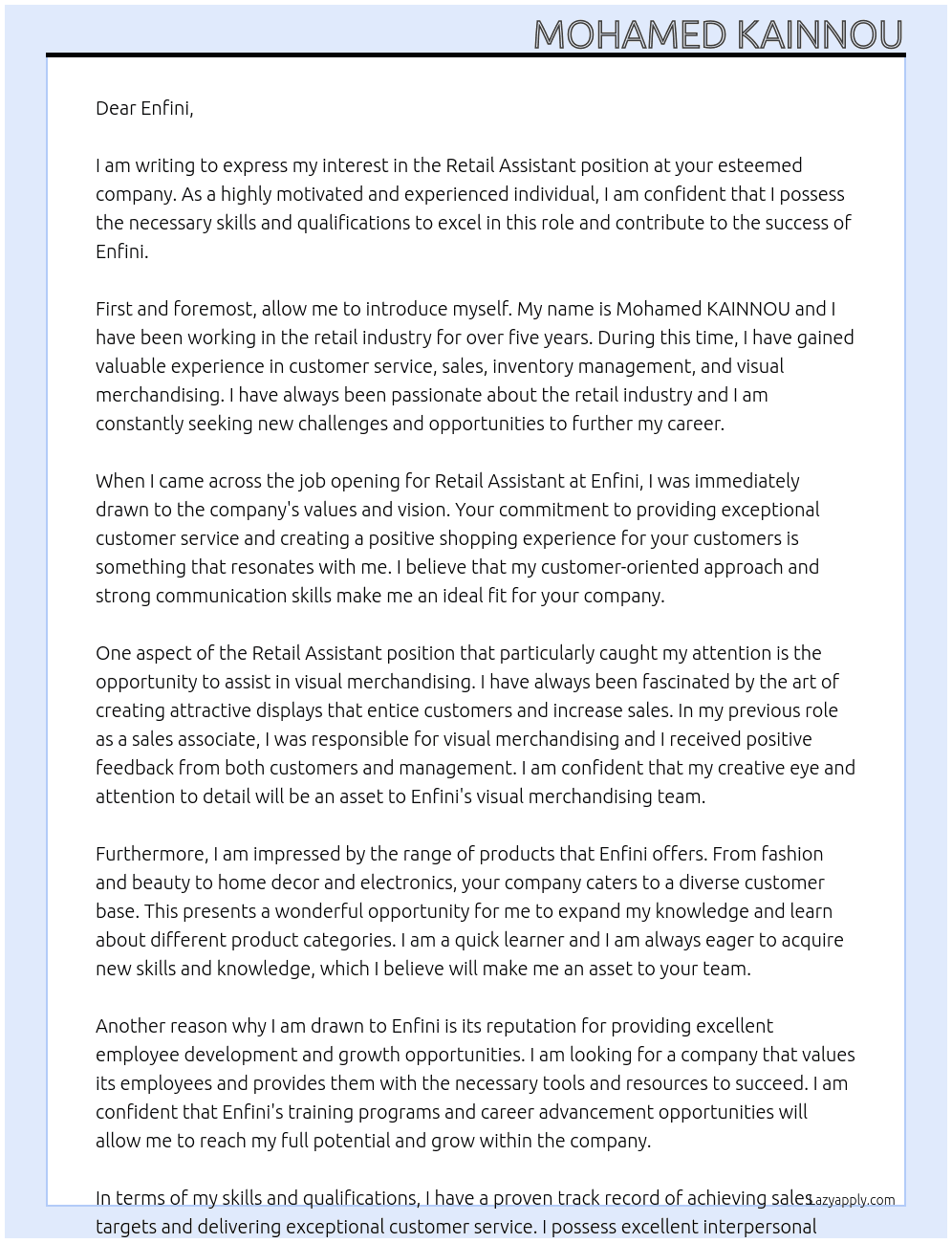 Retail Assistant At Enfini Cover Letter